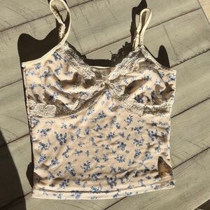 Pink Rose Floral Lace Tank Top in Cream and Blue